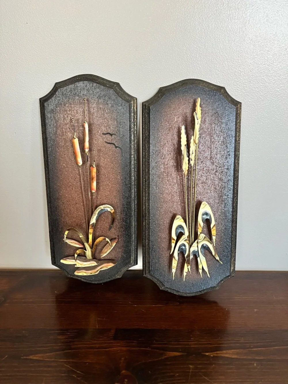 Vintage Style Brown Wall Plaque Set with Golden Accents - Home Wall Decor - Picture 1 of 8